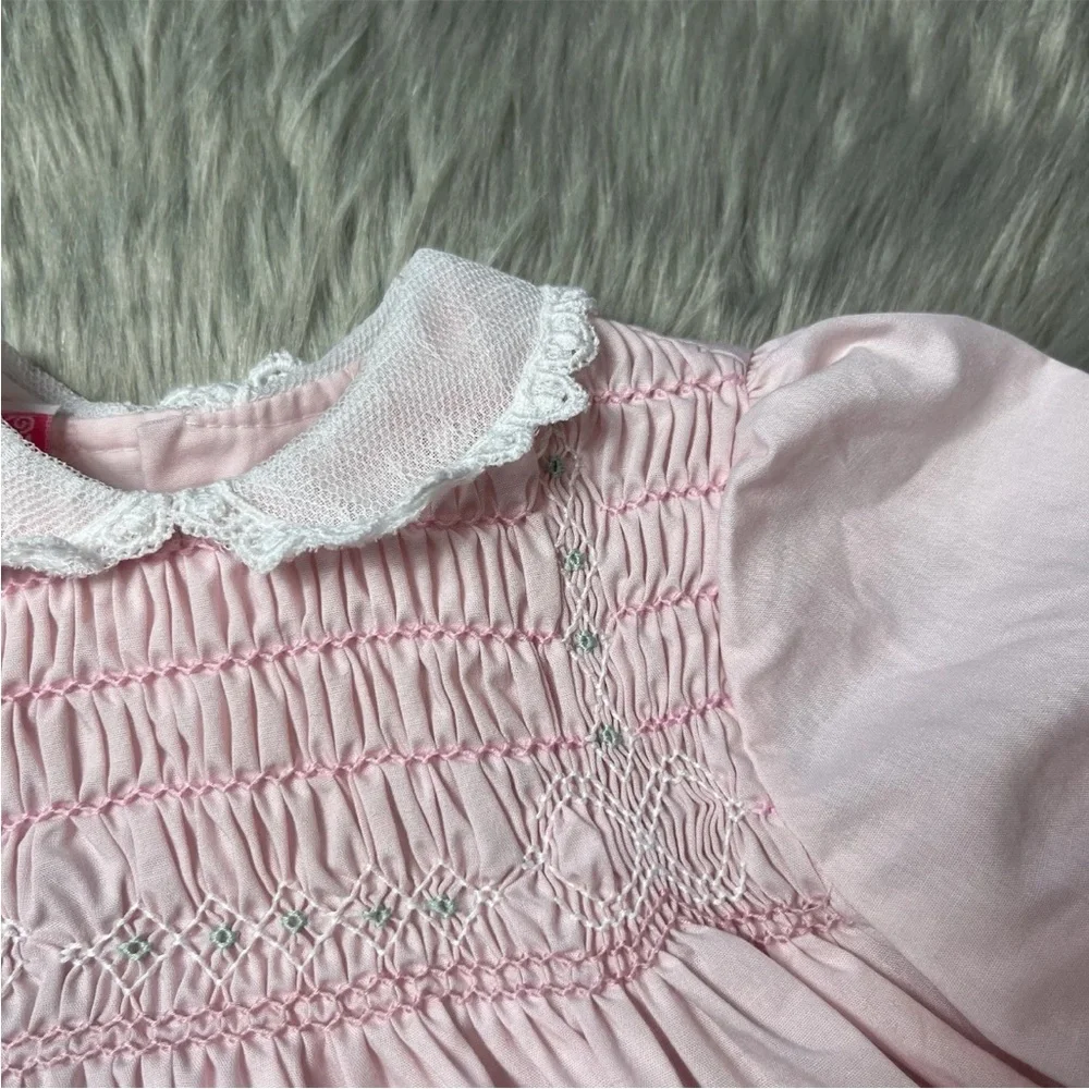 Vintage Polly Flinders Girls Pink White Smocked Ruffle Lace Dress